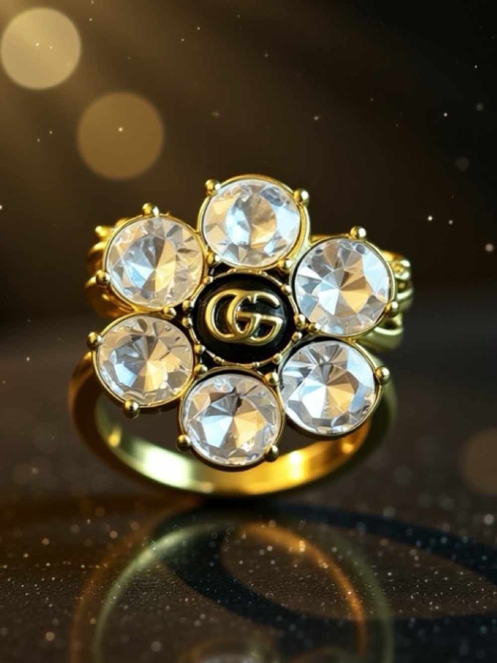 Fashion Jewelry Letter Gold Floral Ring with Clear Crystal Petals